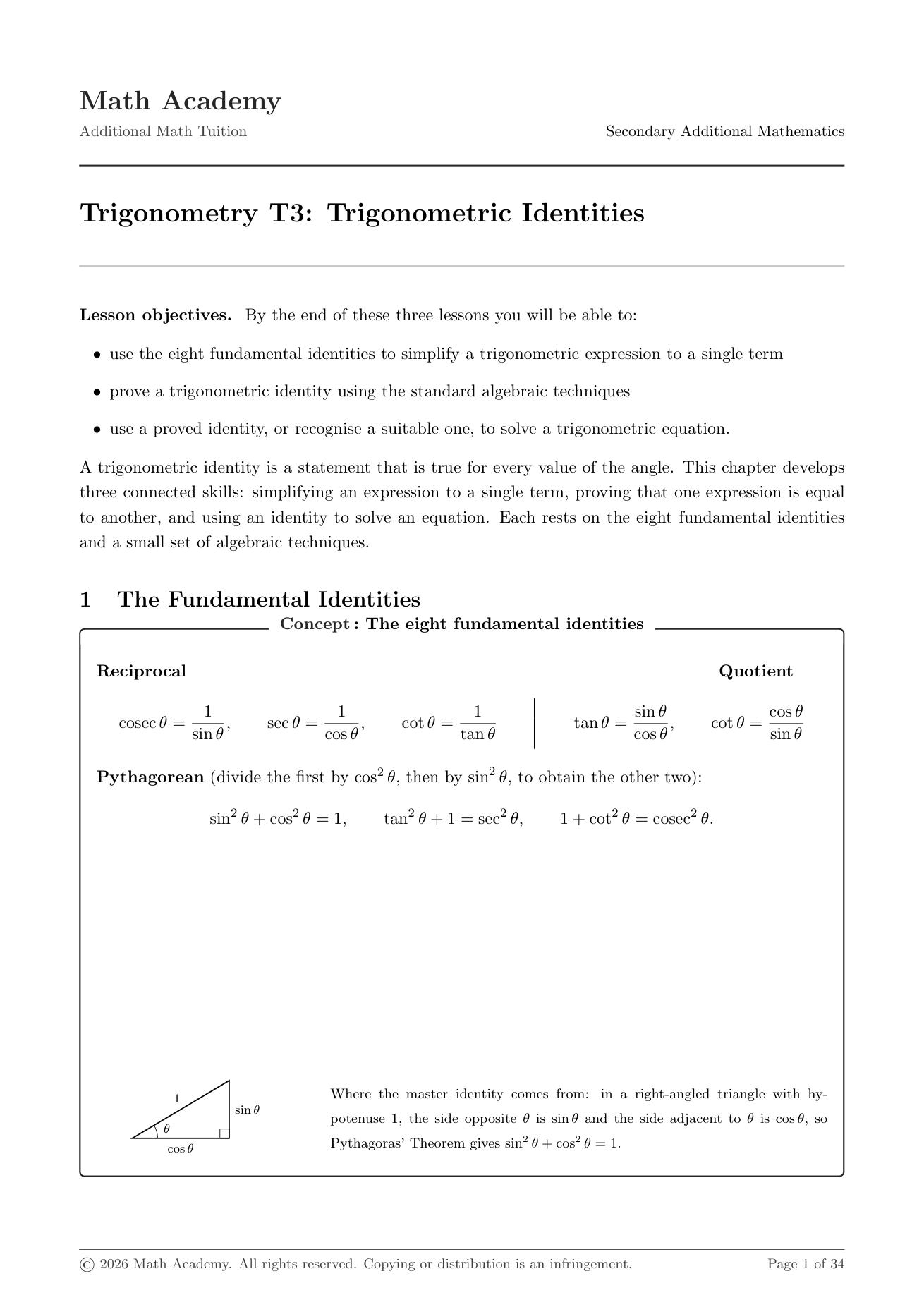 Sec 3 and 4 A Maths notes: the eight fundamental trigonometric identities