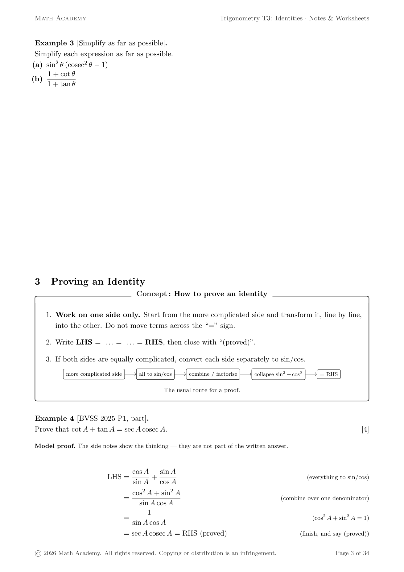 Sec 3 and 4 A Maths notes: how to prove a trigonometric identity step by step