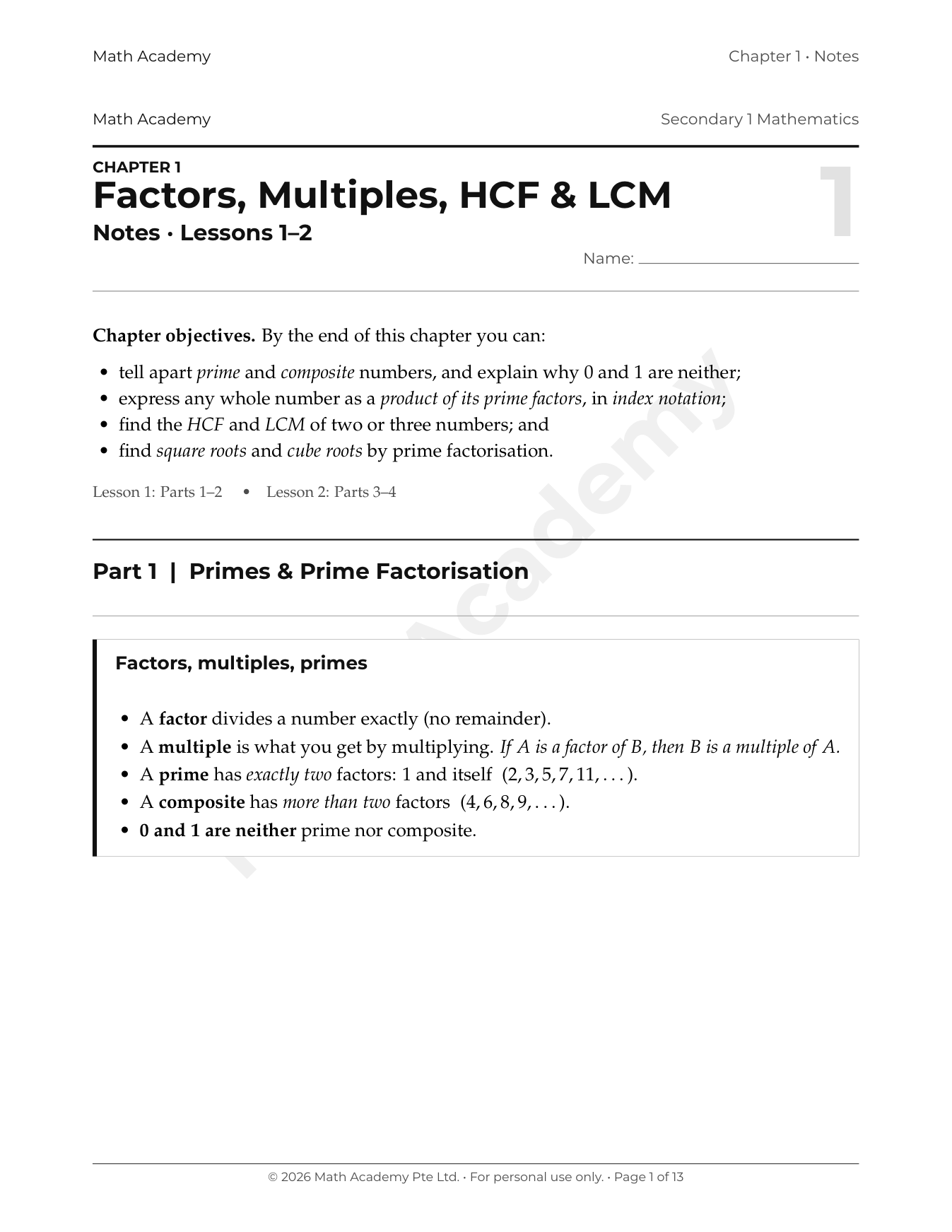 Secondary 1 Maths notes: Factors, Multiples, HCF and LCM chapter opener