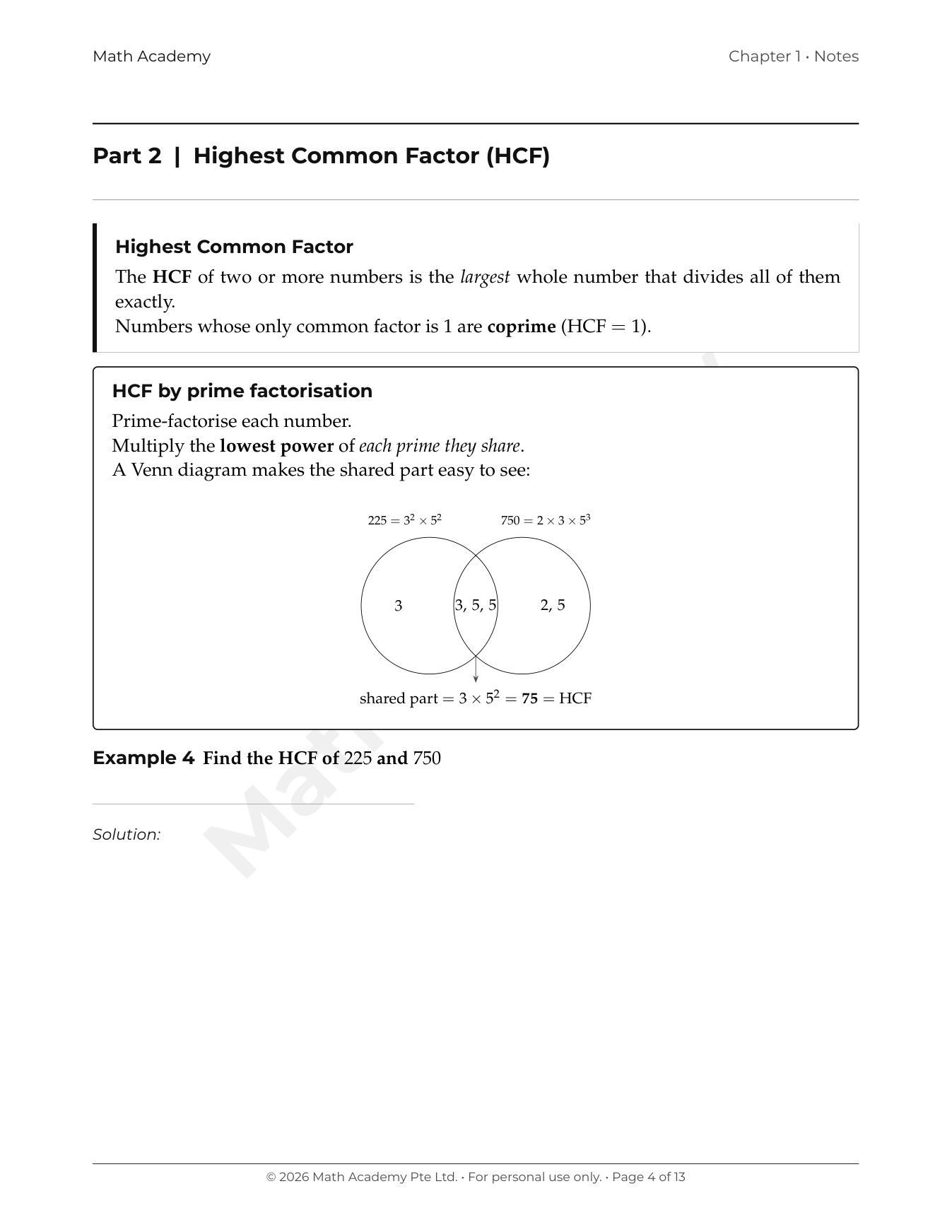 Secondary 1 Maths notes: finding the HCF using prime factorisation and a Venn diagram