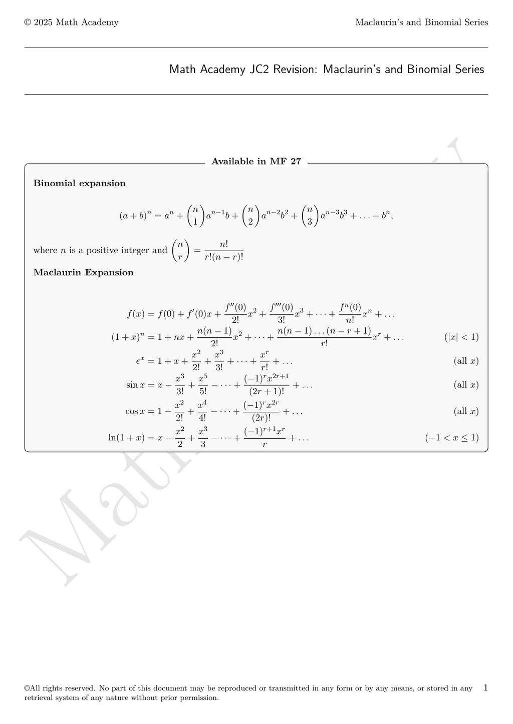 Maclaurin Series notes cover