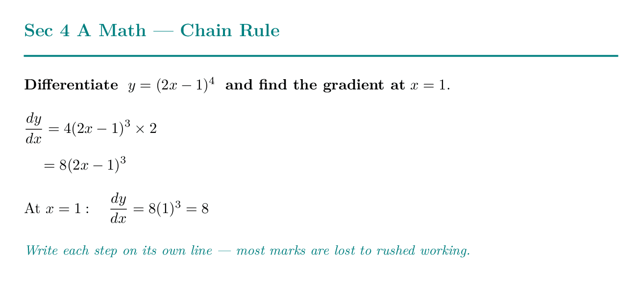 Worked A Math differentiation example showing each step on its own line