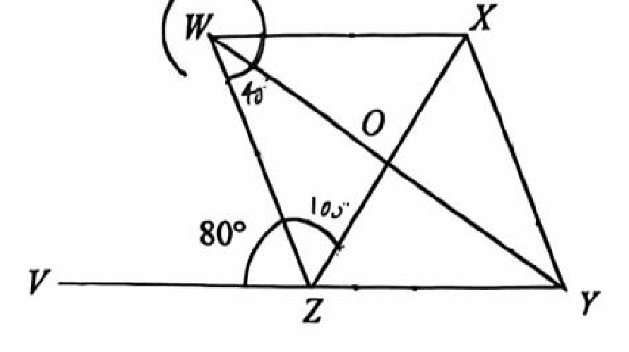 Rhombus WXYZ with VZY a straight line and angle VZW = 80 degrees
