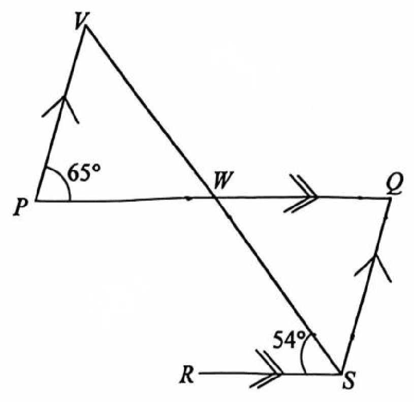 PQ parallel to RS and PV parallel to SQ with angles VPW and RSW marked