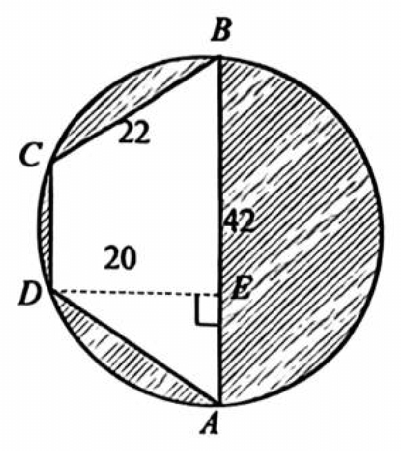 Circle with diameter AB = 42 cm and inscribed trapezium ABCD, DC parallel to AB, height DE = 20 cm