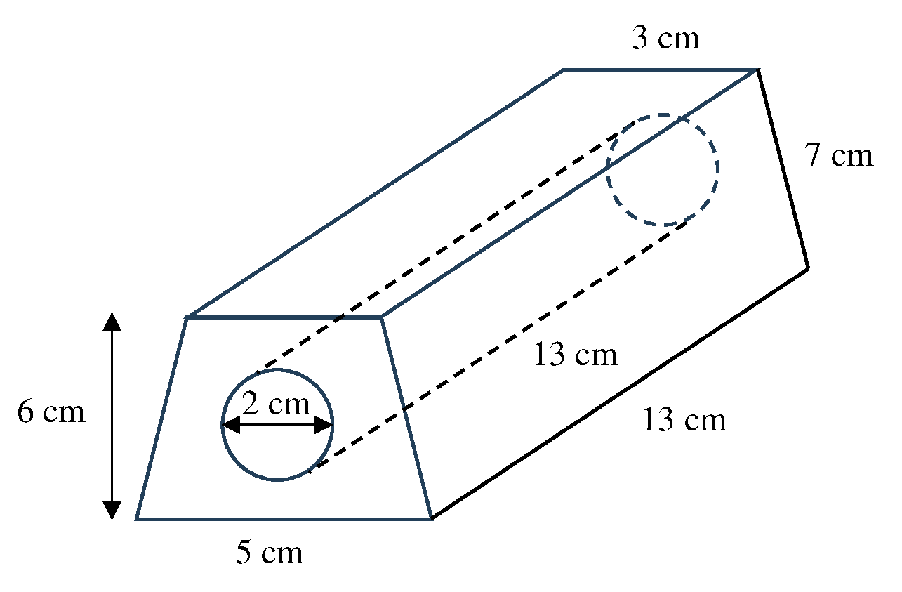 Solid isosceles trapezoidal prism with a cylindrical hole of diameter 2 cm bored through it