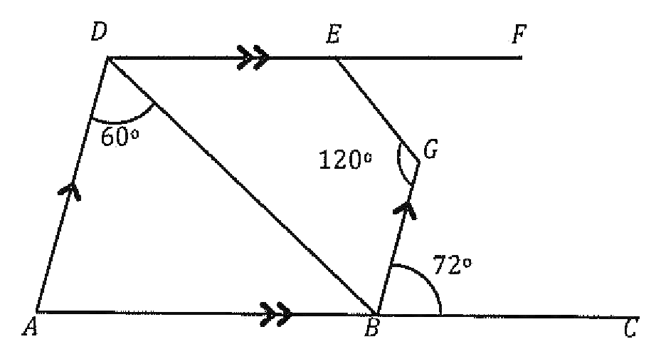 Parallel lines ABC and DEF with AD parallel to BG and point G between them