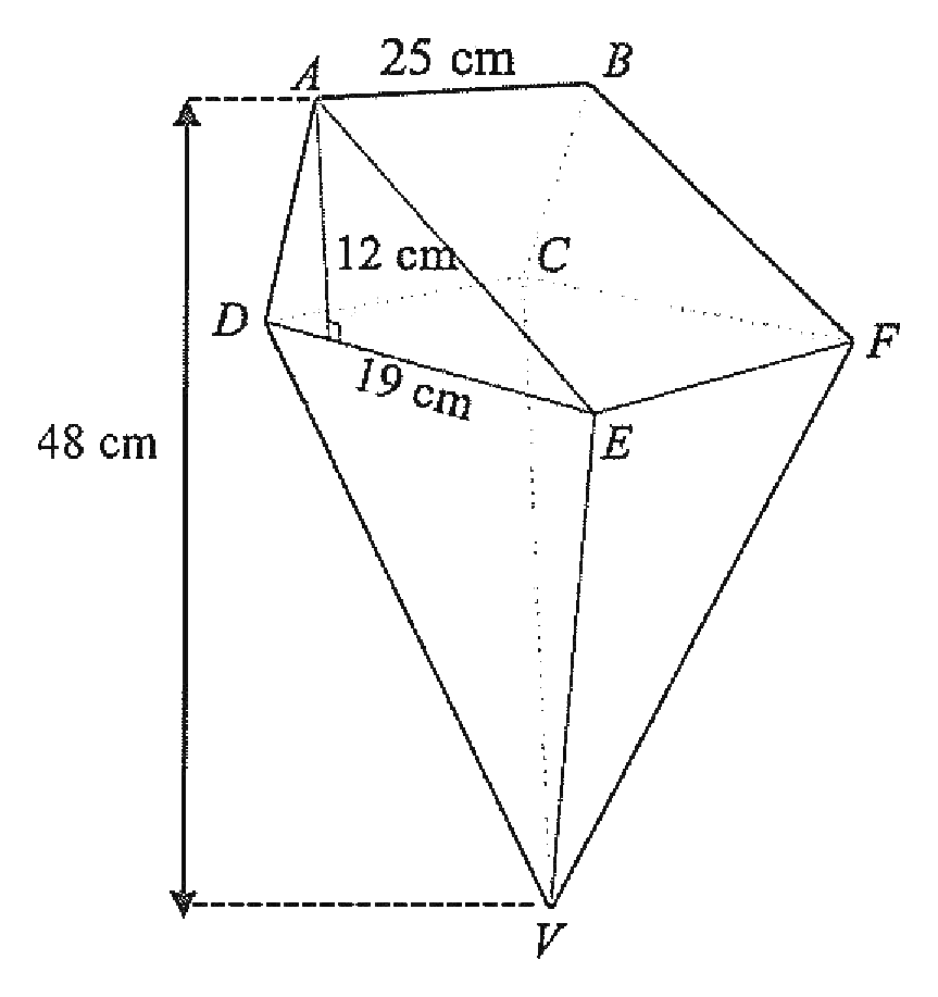 Wooden block made of a rectangular-based pyramid on top of a triangular-based prism