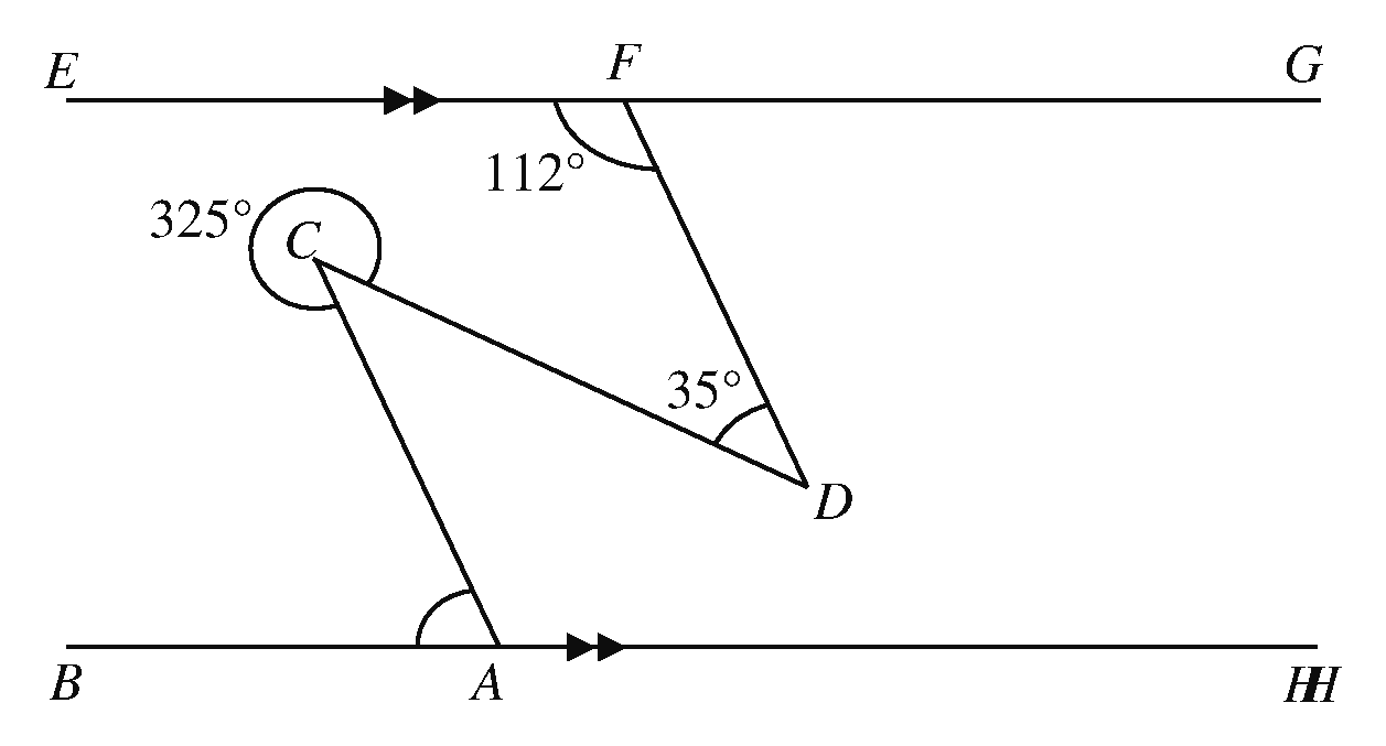 Parallel lines EFG and BAH with points C and D and a reflex angle at C