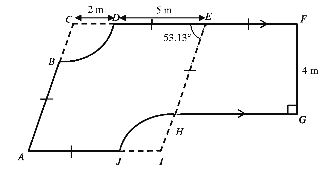 Garden design made of a rhombus ACEI with two sectors removed and a trapezium EFGH attached