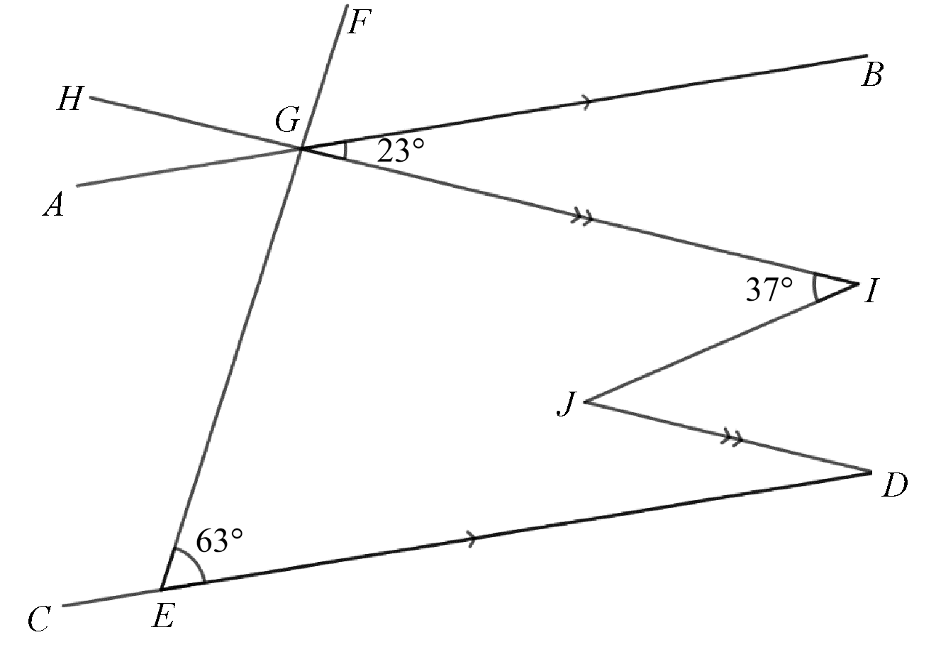 Parallel lines AB and CD with HI parallel to JD and intersection point G