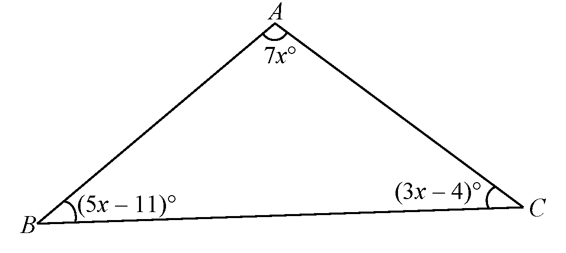 Triangle ABC with interior angles labelled 7x, (5x minus 11) and (3x minus 4) degrees