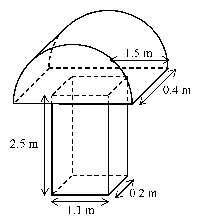 Metal statue: a closed half-cylinder mounted on top of a cuboid