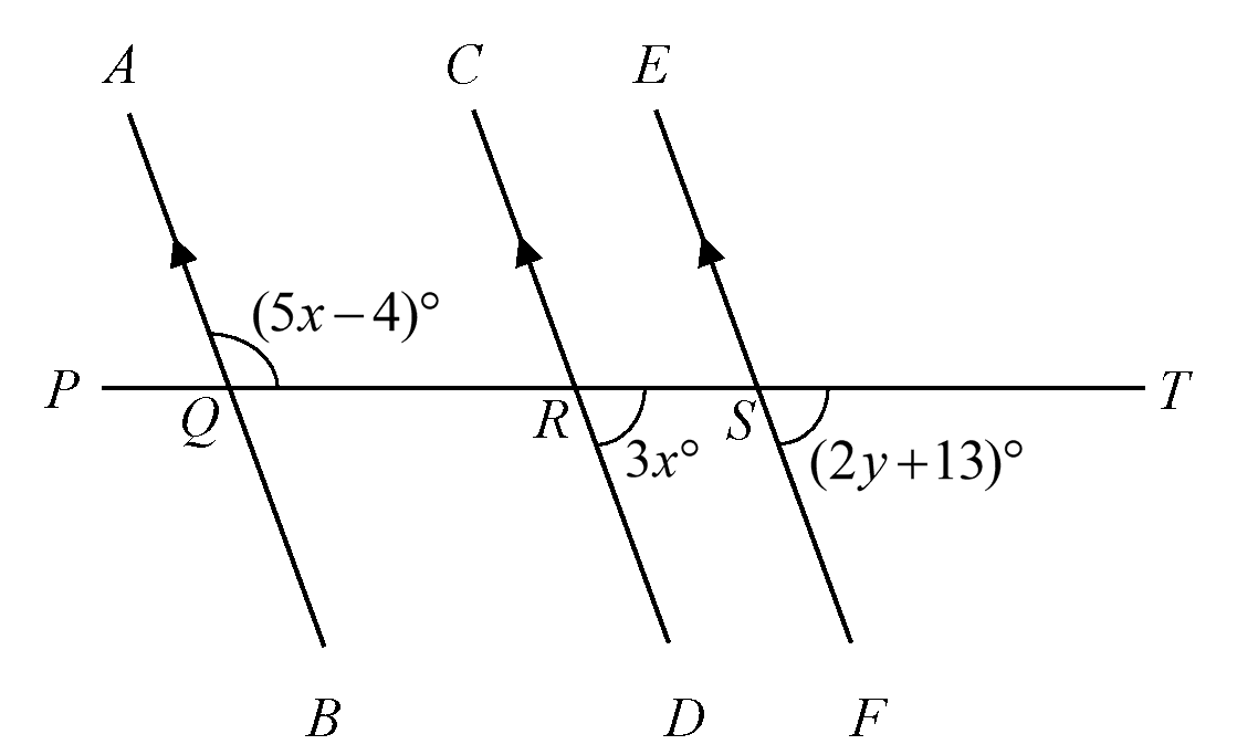 Three parallel lines AB, CD, EF cut by straight line PQRST with marked angles