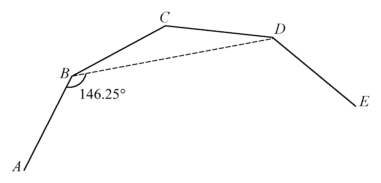 Part of a regular n-sided polygon ABCDE with diagonal BD and angle ABD = 146.25 degrees