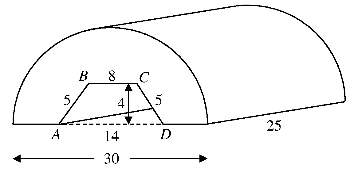 Solid prism whose cross-section is an isosceles trapezium removed from a semicircle of diameter 30 cm