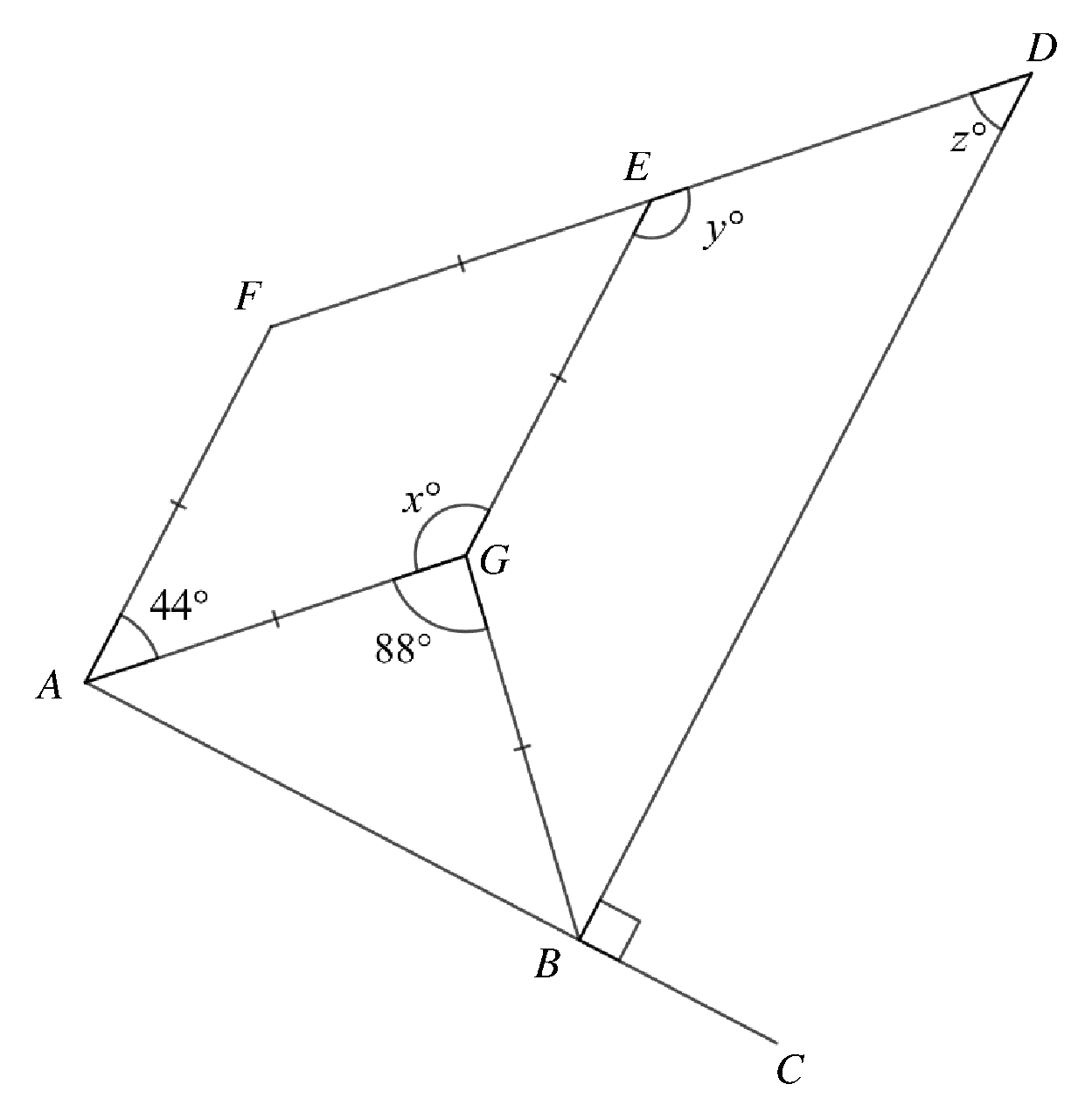 Rhombus AGEF with isosceles triangle AGB and straight line FED