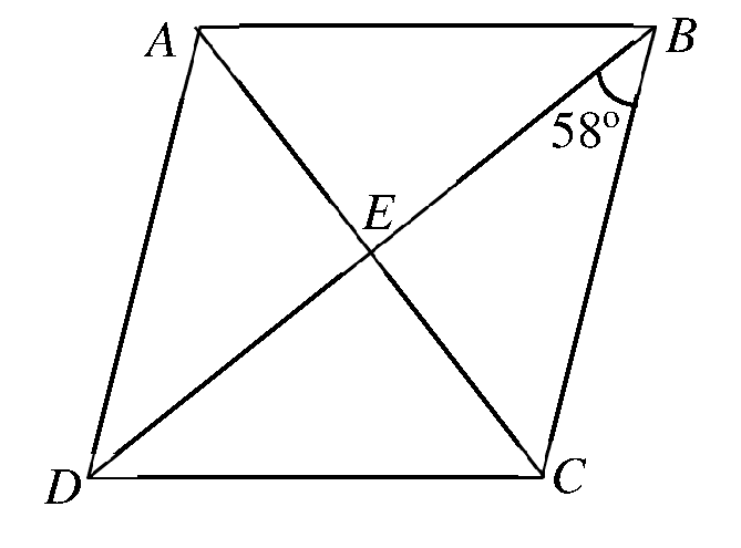 Rhombus ABCD with diagonals meeting at E and angle CBD = 58 degrees