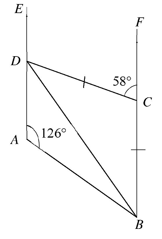 Straight lines ADE and BCF with AE parallel to BF and BC = CD