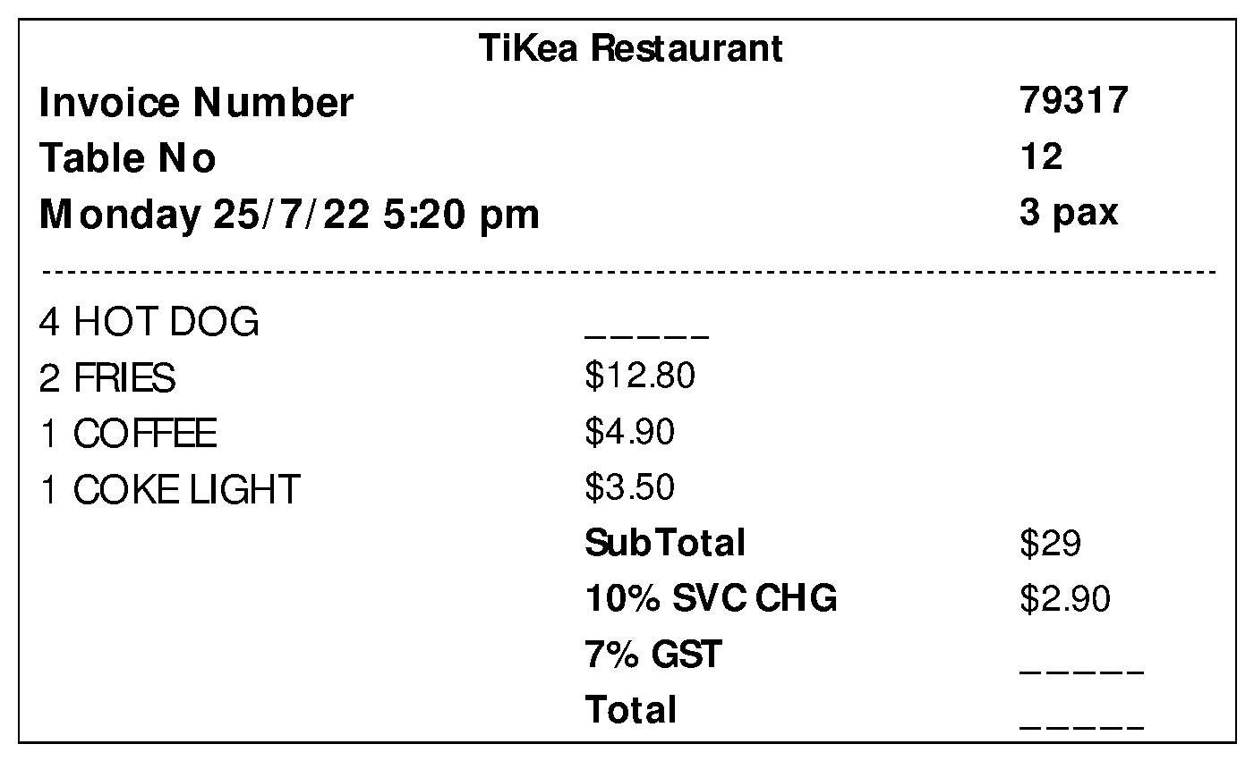Restaurant bill from Tikea Restaurant showing items, a subtotal and a service charge