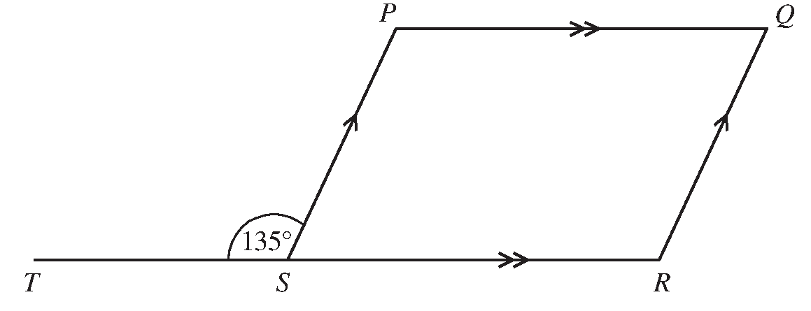 Parallelogram PQRS with TSR a straight line and angle PST = 135 degrees