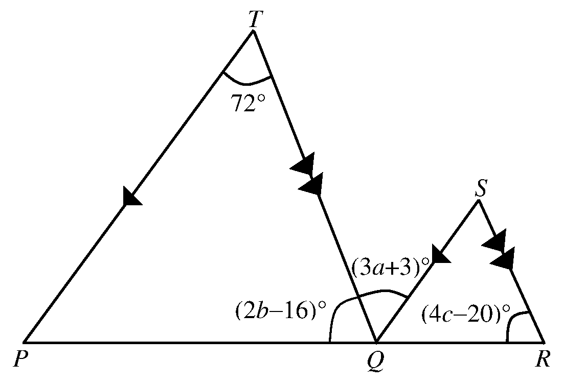 Straight line PQR with TQ bisecting angle PQS and parallel lines marked