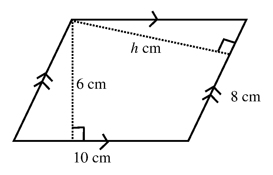Parallelogram labelled with two bases (10 cm and 8 cm) and a height h, plus a height of 6 cm
