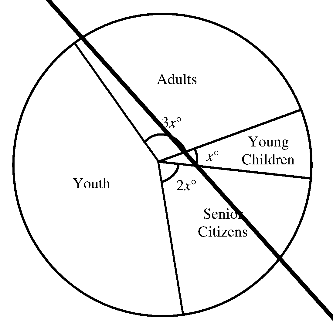 Pie chart of library visitors by age group with sectors for Adults, Young Children, Senior Citizens and Youth