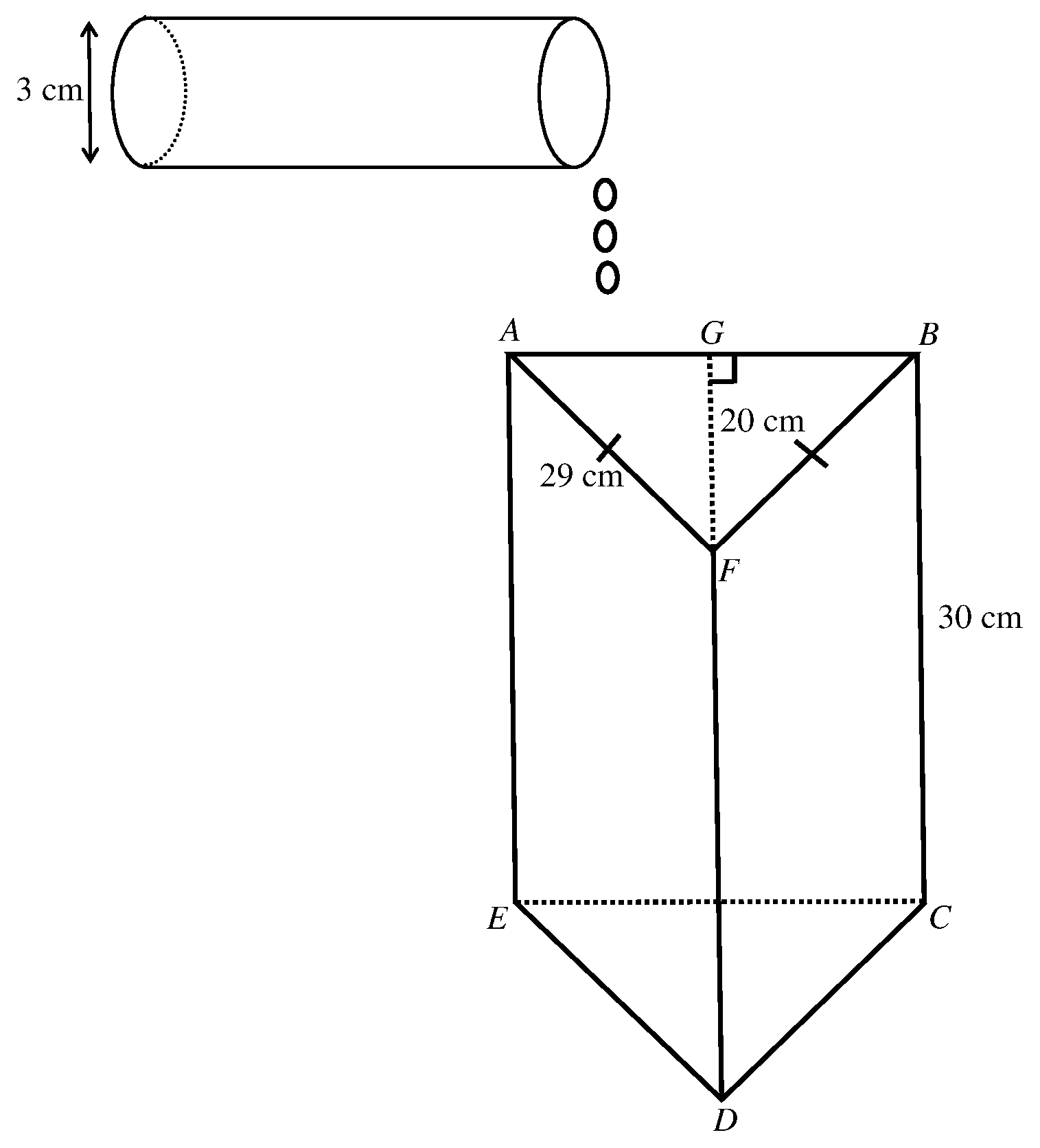 Open triangular prism with isosceles triangle cross-section AF = FB = 29 cm, FG = 20 cm, filled from a cylindrical pipe