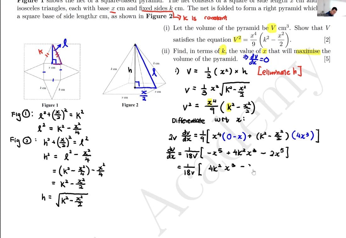Math Academy JC H2 Maths lesson clip — differentiation techniques on the board