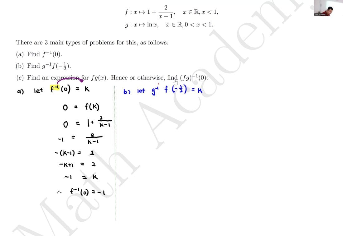 Math Academy JC H2 Maths lesson clip — inverse and composite functions worked on screen