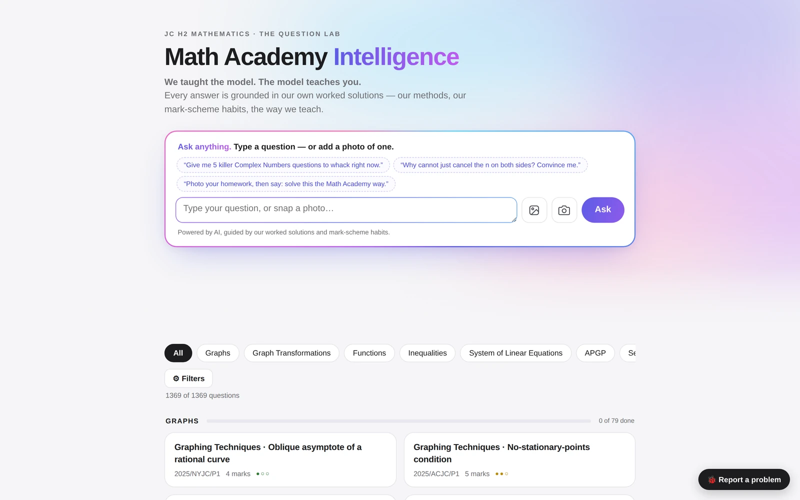 Math Academy Intelligence on a laptop — ask anything about JC H2 Maths and browse the tagged JC Prelim question bank by topic