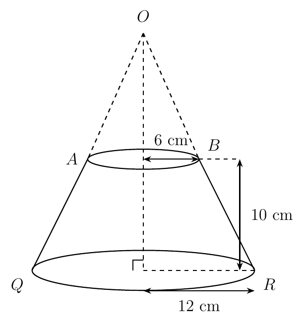 Cone OQR with the small cone OAB removed to leave frustum ABRQ, top radius 6 cm, base radius 12 cm and height 10 cm