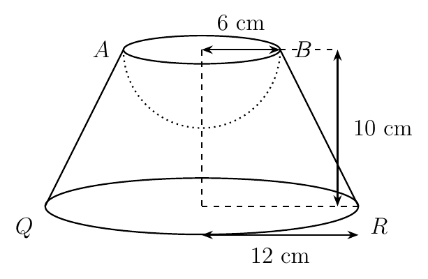 Frustum ABRQ with a hemispherical bowl of radius 6 cm carved out of its top face
