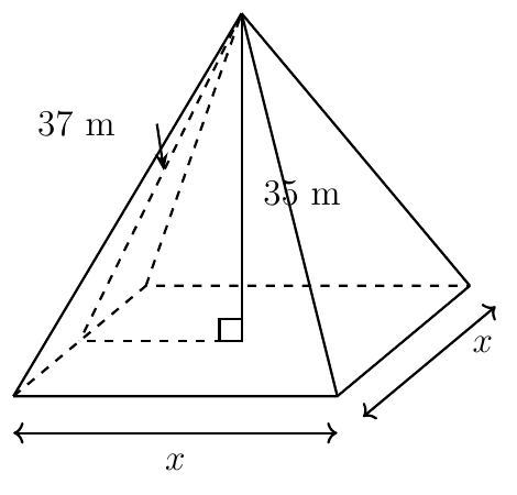 Square pyramid with base side x m, vertical height 35 m and slant height 37 m