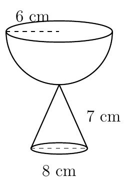 Hemisphere of radius 6 cm resting on the tip of a cone with base diameter 8 cm and slant height 7 cm
