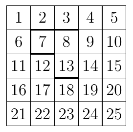 Number grid from 1 to 25 in rows of five, with an L-shaped outline around 7, 8 and 13