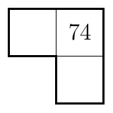 The L-shaped outline with 74 in the top-right square and the other two squares blank