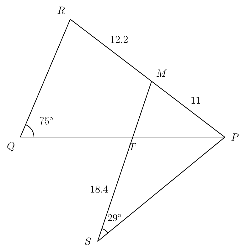 Triangle PQR with M on PR, and triangle SPM with SM crossing QP at T; RM = 12.2, PM = 11, ST = 18.4, angle PQR = 75 degrees and angle PSM = 29 degrees