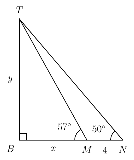 Building TB of height y with points M and N on the ground, BM = x, MN = 4, and angles 57 and 50 degrees at M and N