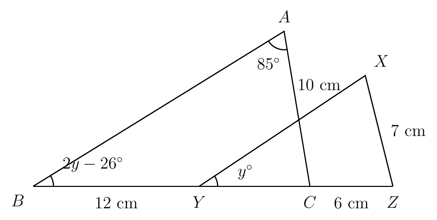 Overlapping triangles ABC and XYZ with B, Y, C and Z on one line, BY = 12 cm, CZ = 6 cm, AC = 10 cm and XZ = 7 cm
