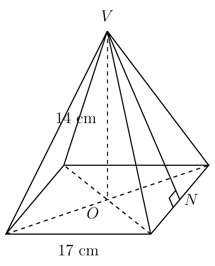 Square pyramid with apex V, vertical height VO = 14 cm, base side 17 cm and N the foot of the slant height on a base edge