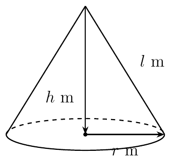 Cone with radius r m, height h m and slant height l m