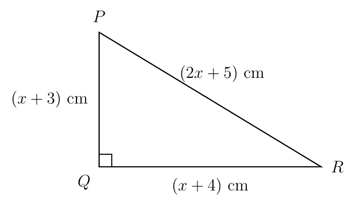 Right-angled triangle PQR with the right angle at Q, PQ = (x + 3) cm, QR = (x + 4) cm and hypotenuse PR = (2x + 5) cm