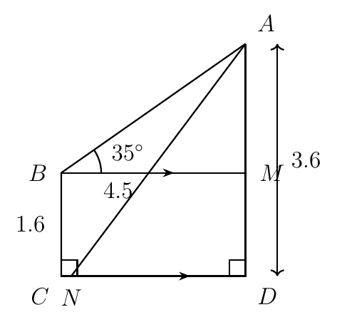 Quadrilateral ABCD with right angles at C and D, BM parallel to CD, BC = 1.6, AD = 3.6, AN = 4.5 and angle ABM = 35 degrees