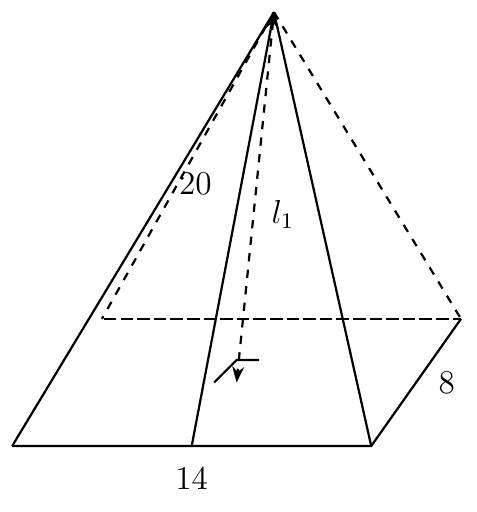 Pyramid on a 14 m by 8 m rectangular base with height 20 and slant height l1 marked