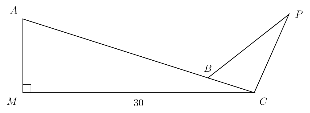 Right-angled triangle AMC with the right angle at M and MC = 30, and triangle PBC with B on AC