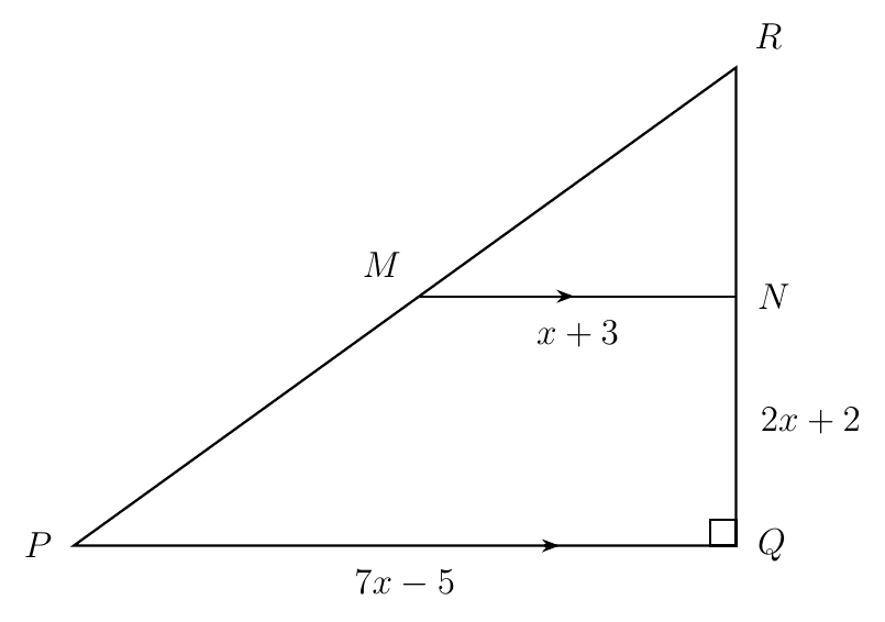 Right-angled triangle PQR with MN parallel to PQ, MN = x + 3, PQ = 7x - 5 and NQ = 2x + 2