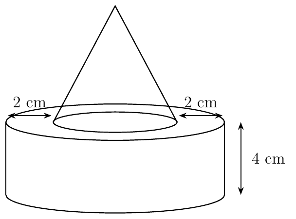 Cone standing on top of a cylinder of height 4 cm, with the cone's base 2 cm in from the cylinder's edge on each side