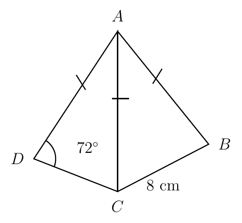 Kite ABCD with diagonal AC, AB = AC = AD marked equal, angle ADC = 72 degrees and BC = 8 cm